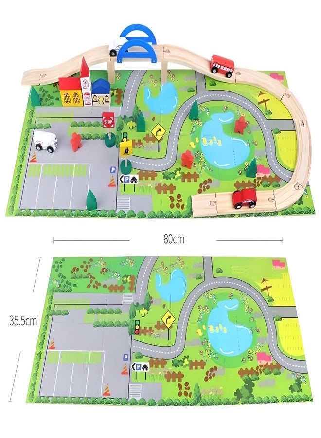 Busy Brain Wooden Rail Over Pass Set, 40 Piece City Building Blocks with Overpass Track, Vehicles, Buildings, Educational STEM Toy for Ages 3+ - Image 4